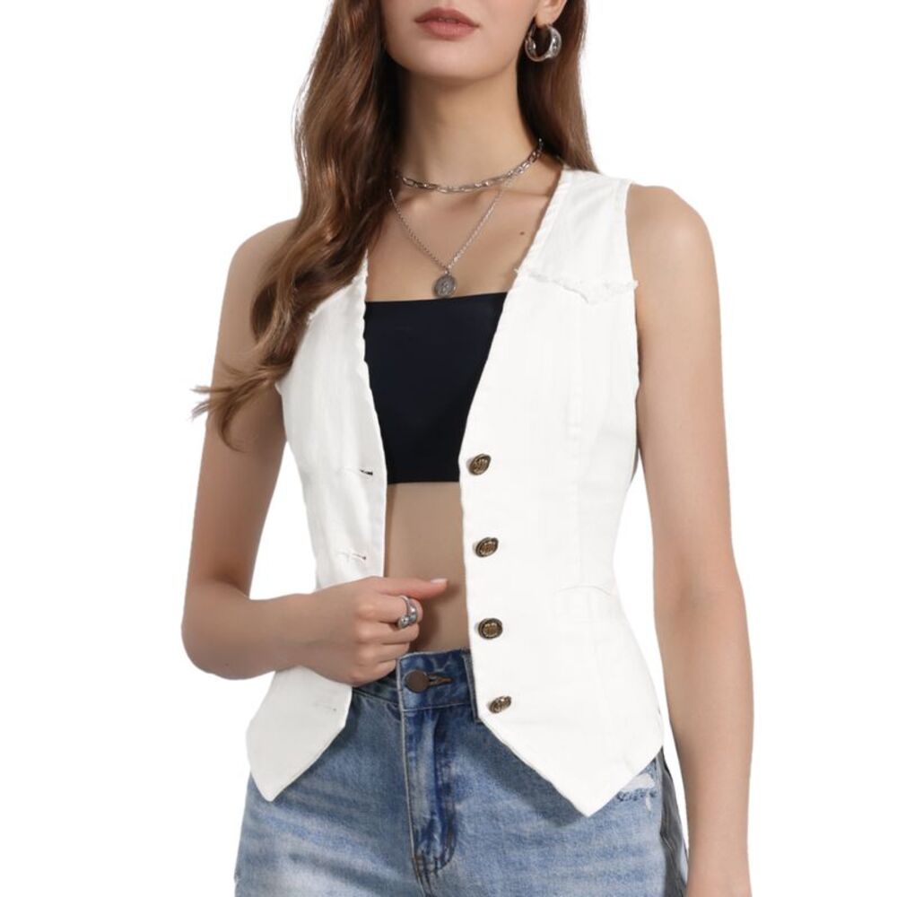 Denim Vest Sleeveless V Neck Washed Distressed Jean Jacket White